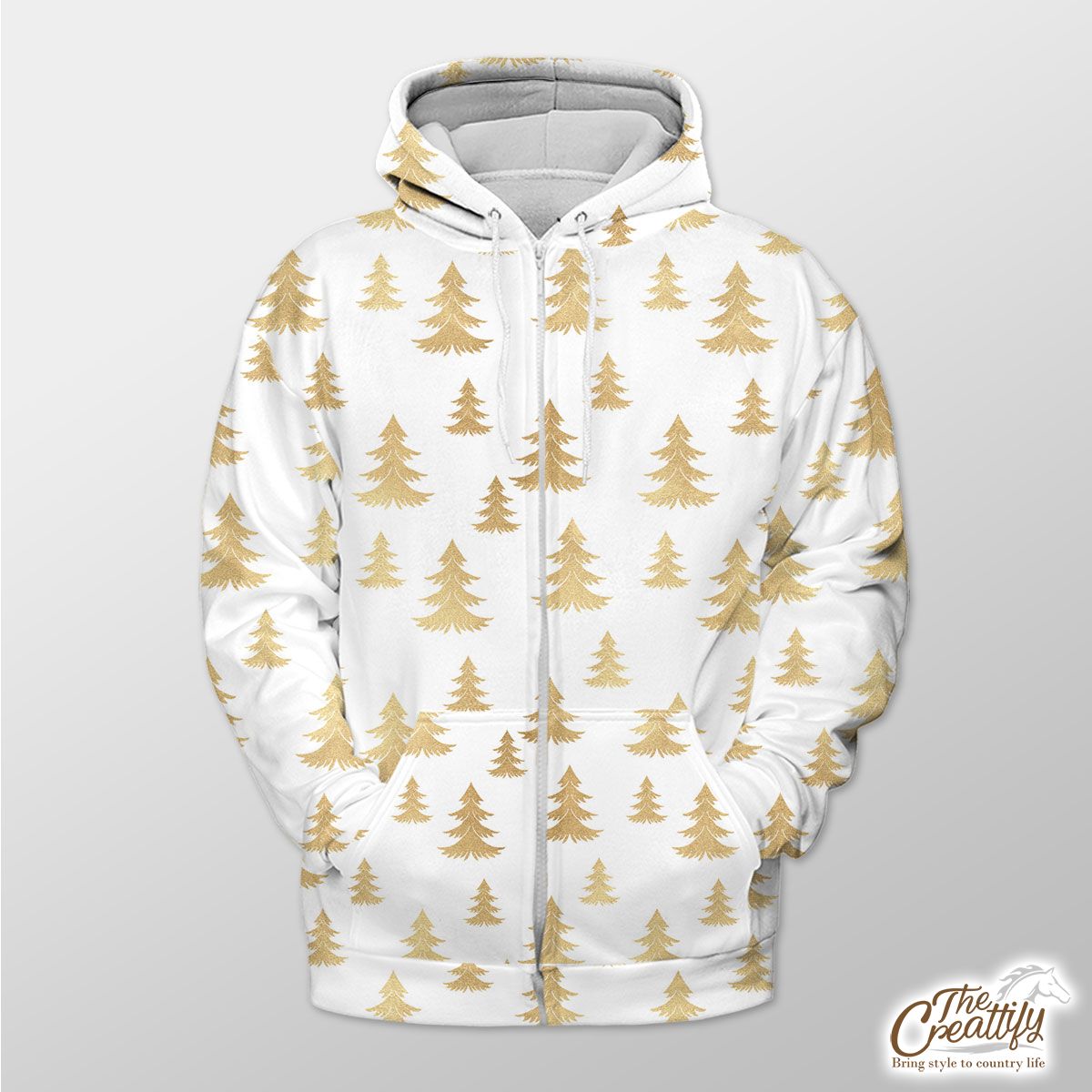 Gold Christmas Tree On White Background Zip Hoodie
