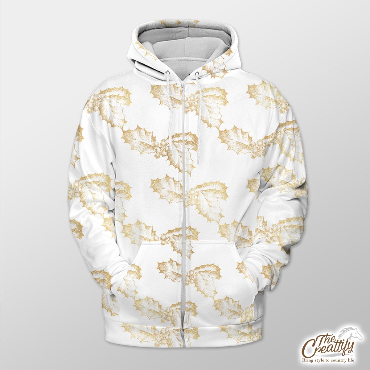 Gold Holly Leaf On White Background Zip Hoodie