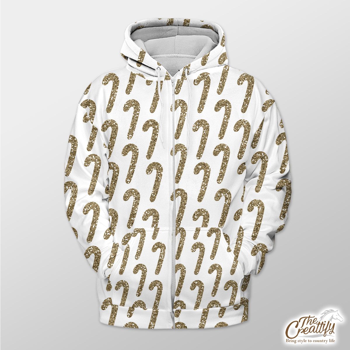 Twinkle Gold Candy Cane On White Background Zip Hoodie