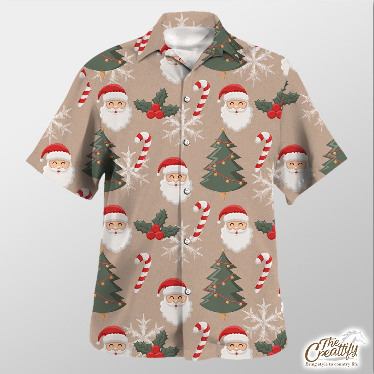 Santa Clause, Christmas Tree, Candy Cane, Holly Leaf On Snowflake Background Hawaiian Shirt