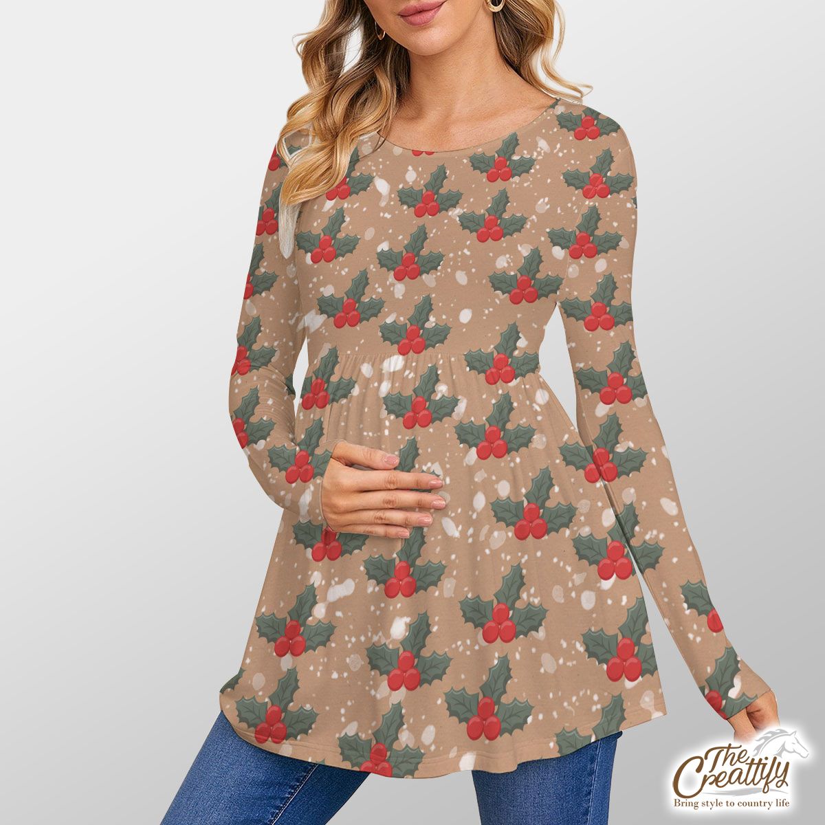 Holly Leaf On Snowflake Background Skirt Top