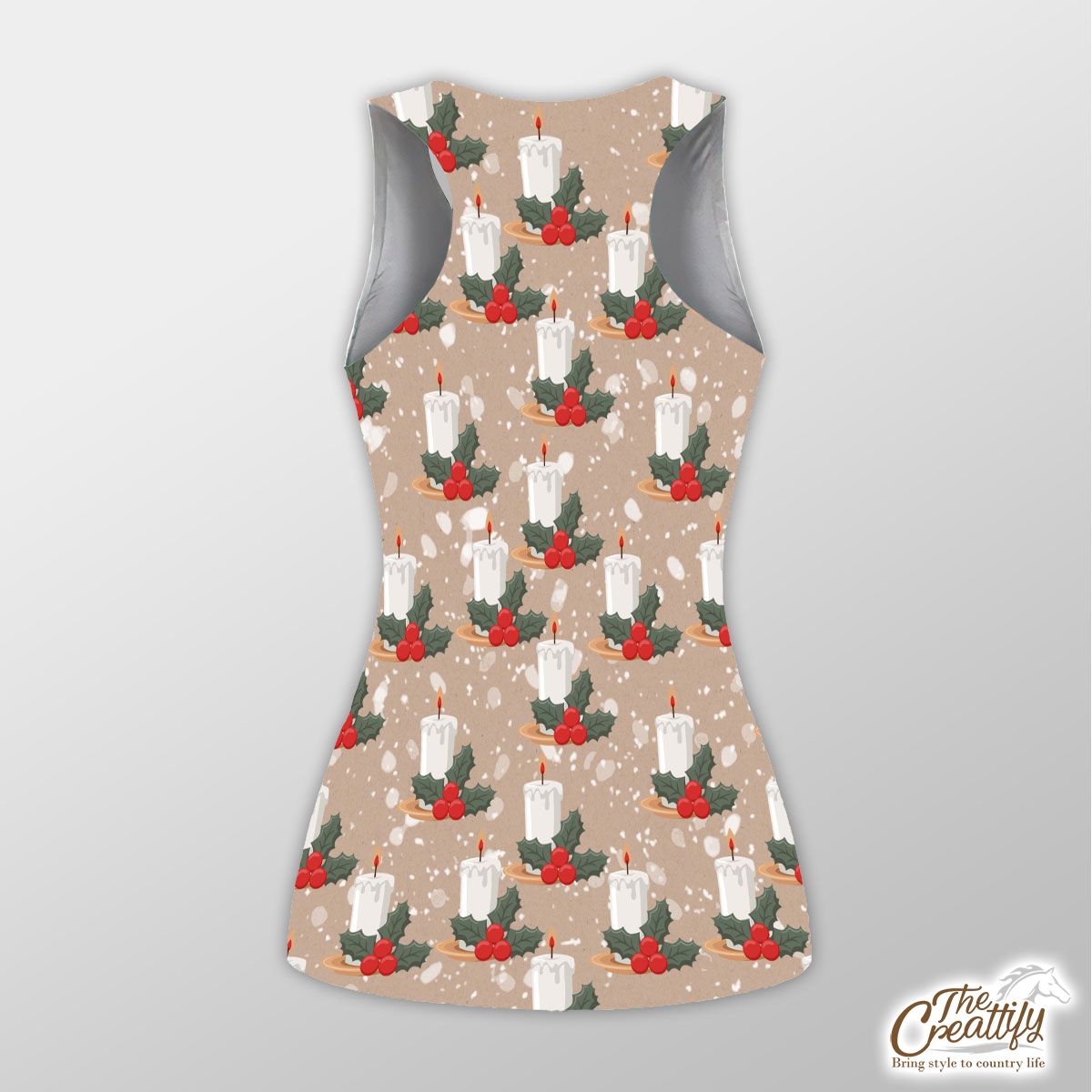 Christmas Candle With Holly Leaf On Snowflake Background Hollow Tanktop
