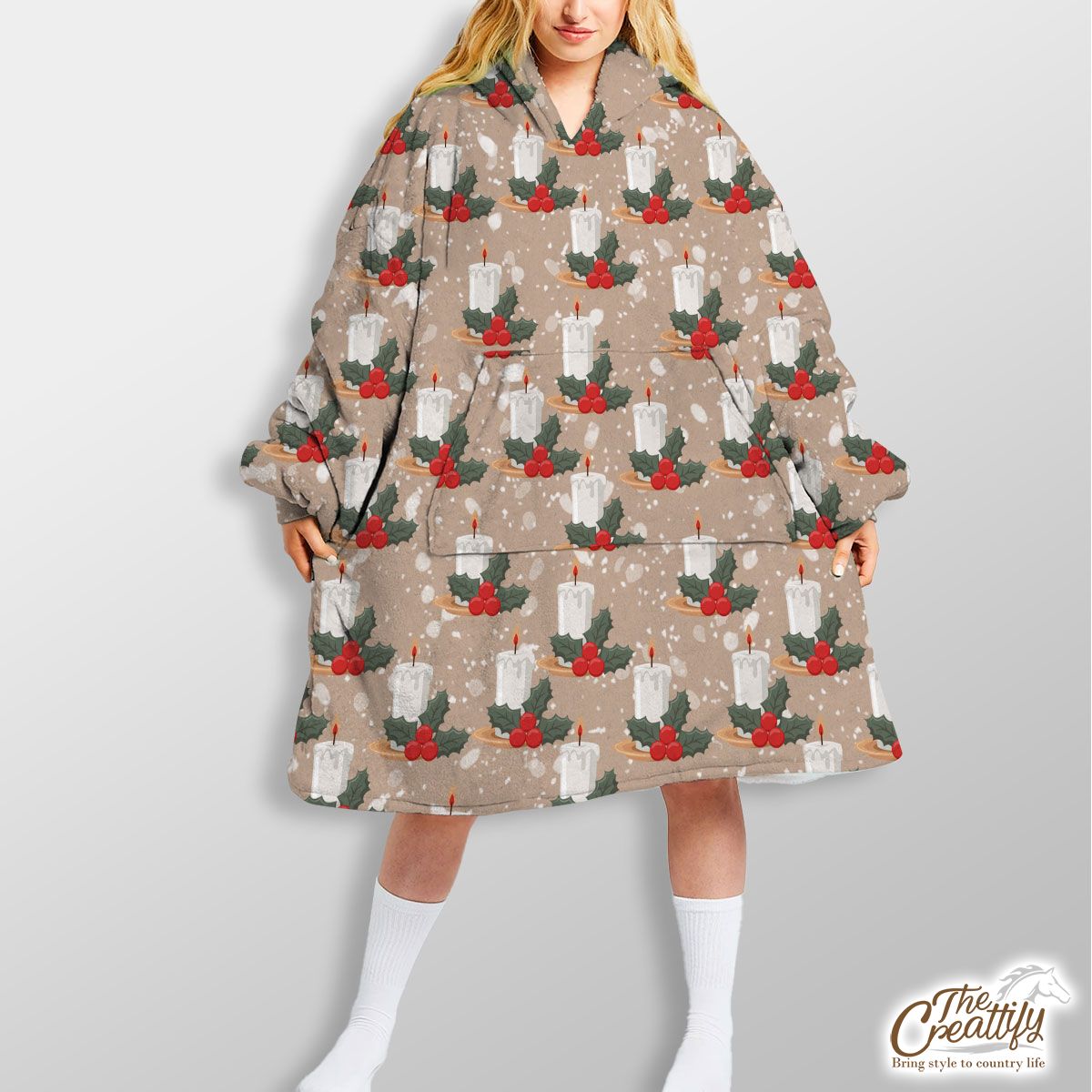 Christmas Candle With Holly Leaf On Snowflake Background Hoodie Blanket