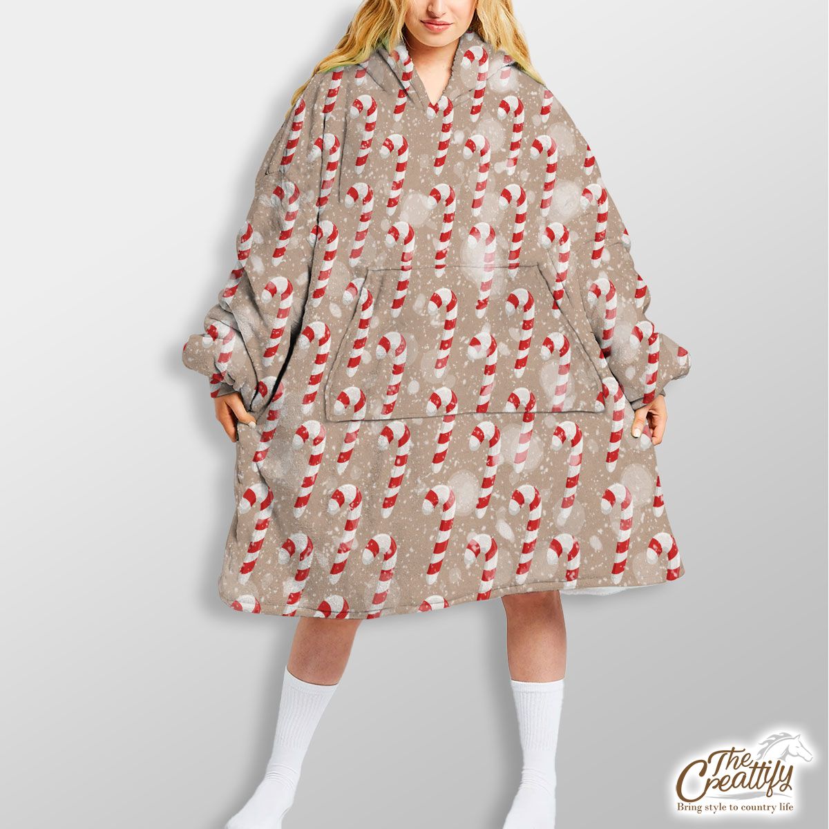 Christmas Candy Cane On Snowflake Background Hoodie Blanket