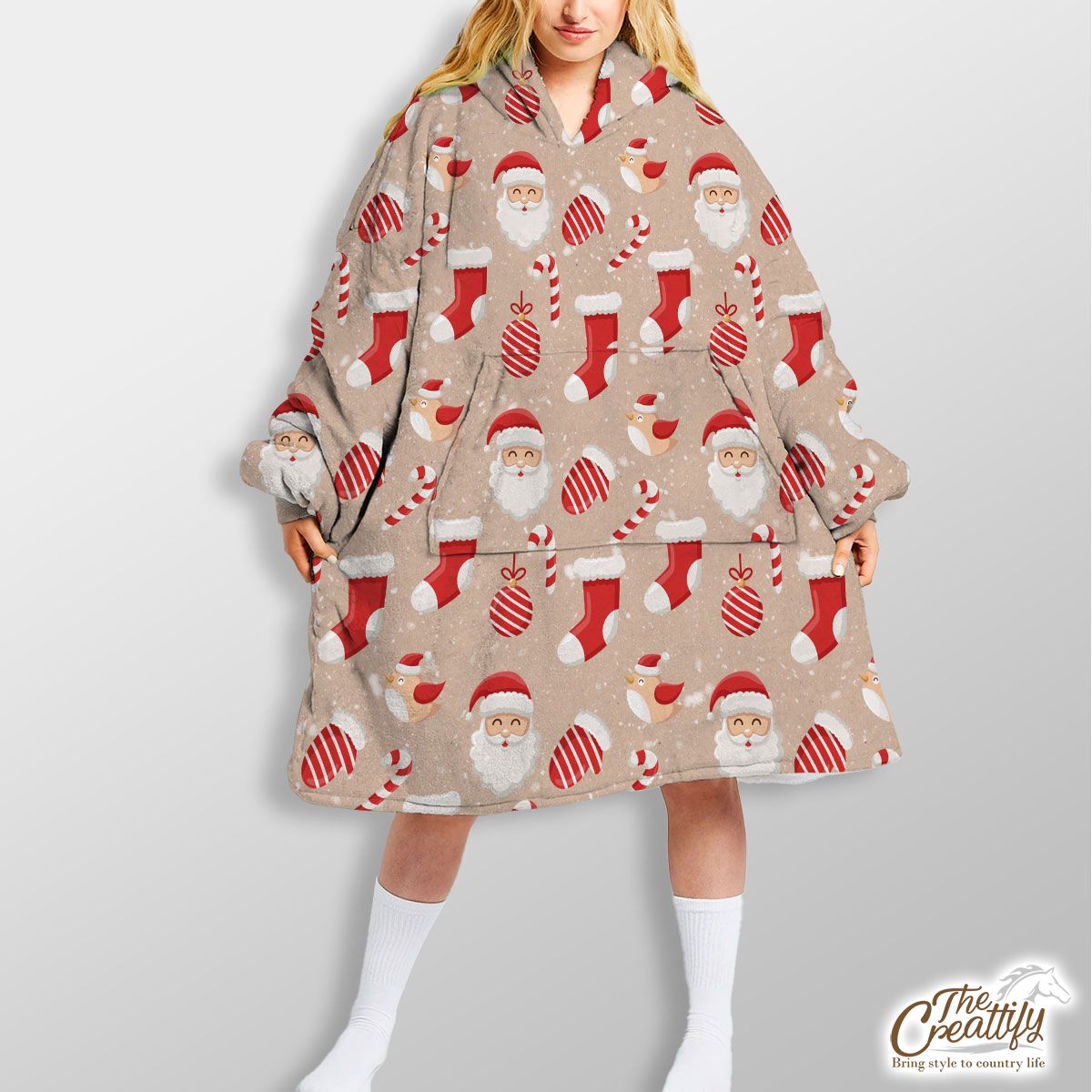 Santa Clause, Christmas Socks, Christmas Ball On Snowflake Background Hoodie Blanket