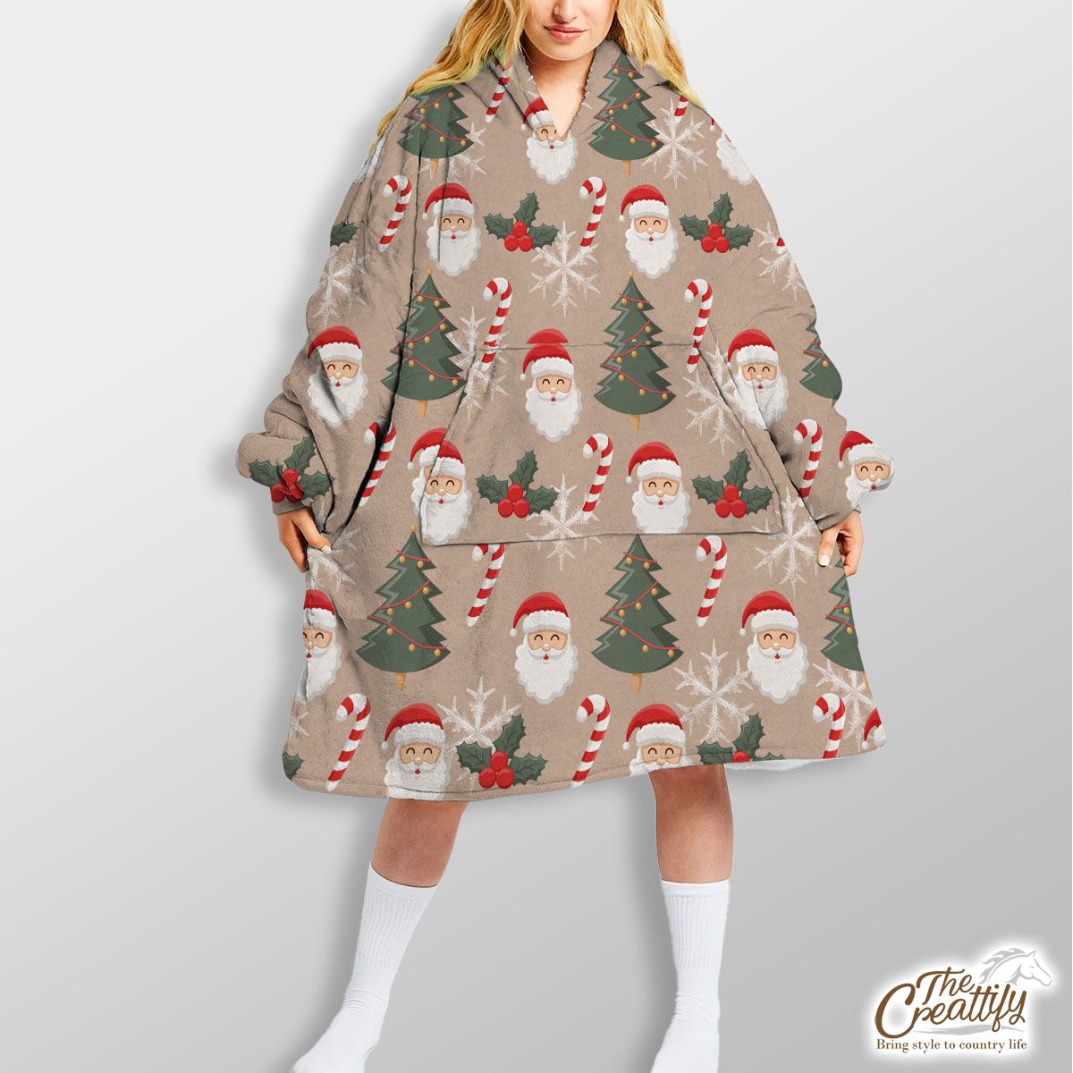 Santa Clause, Christmas Tree, Candy Cane, Holly Leaf On Snowflake Background Hoodie Blanket