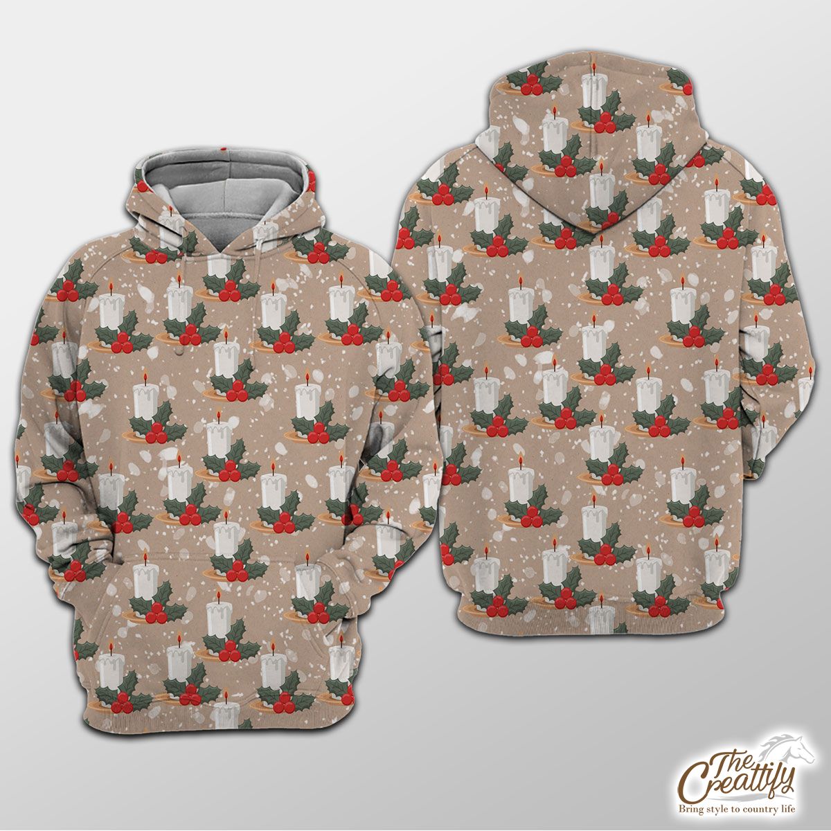 Christmas Candle With Holly Leaf On Snowflake Background Hoodie