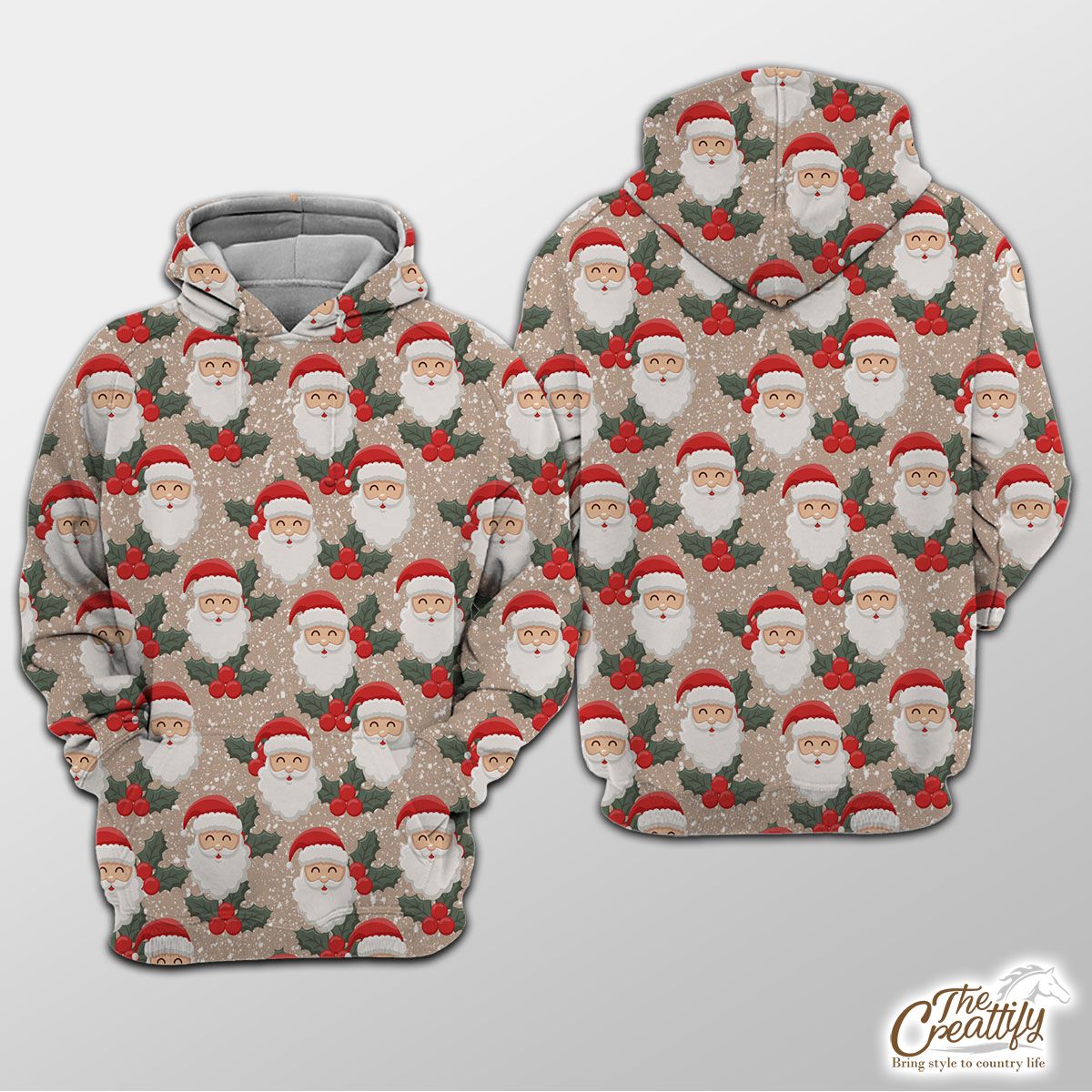 Santa Clause And Holly Leaf On Snowflake Background Hoodie