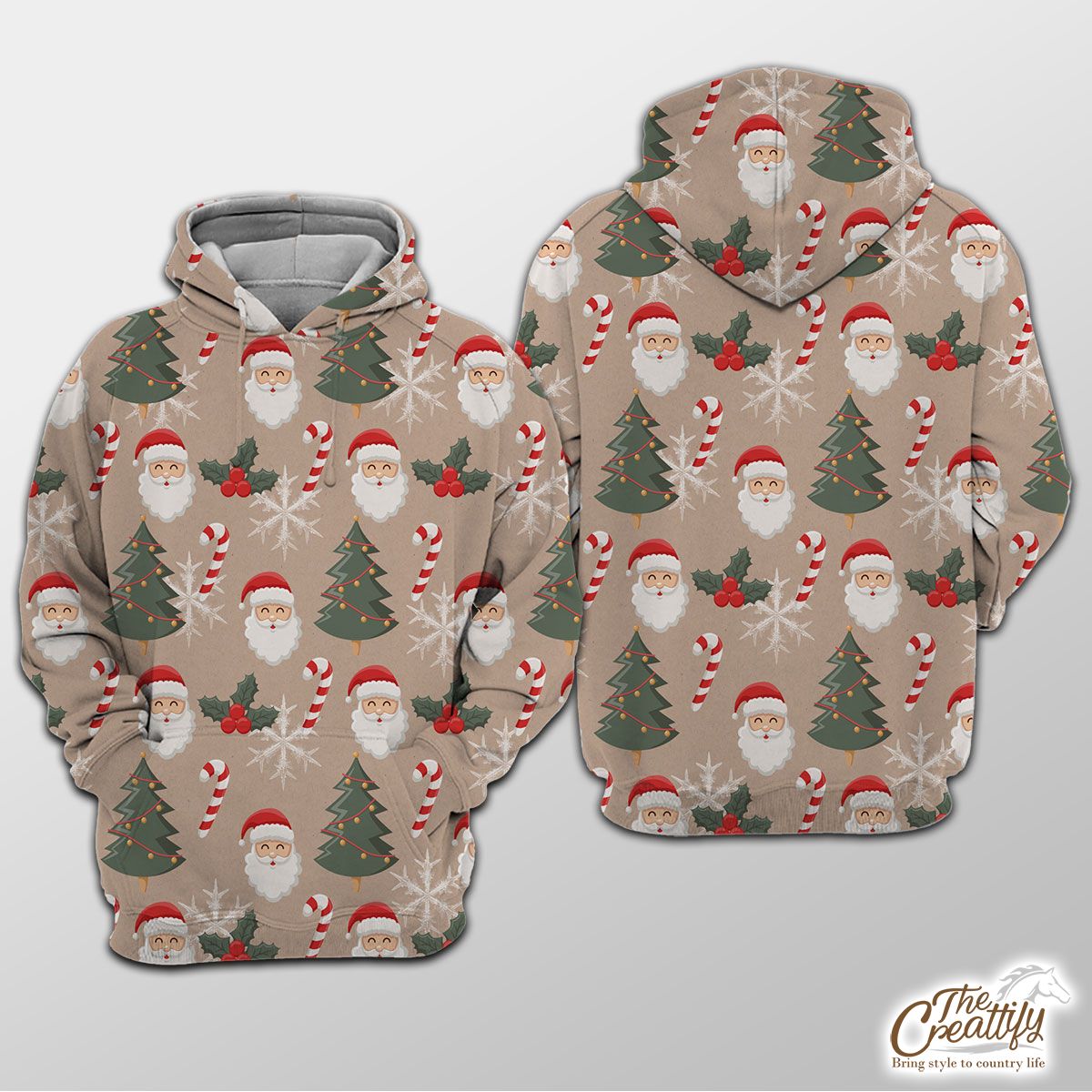 Santa Clause, Christmas Tree, Candy Cane, Holly Leaf On Snowflake Background Hoodie