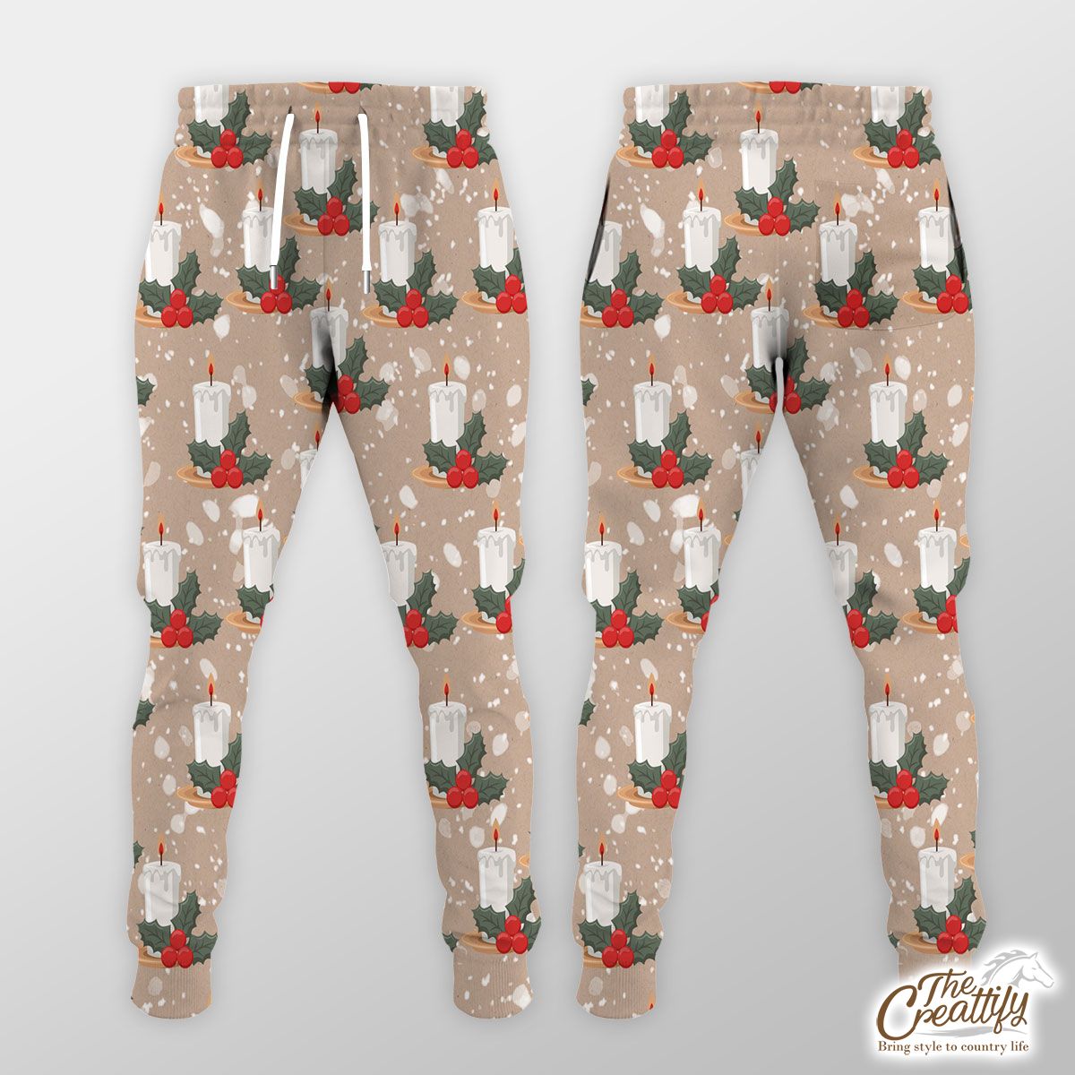 Christmas Candle With Holly Leaf On Snowflake Background Jogger Pant