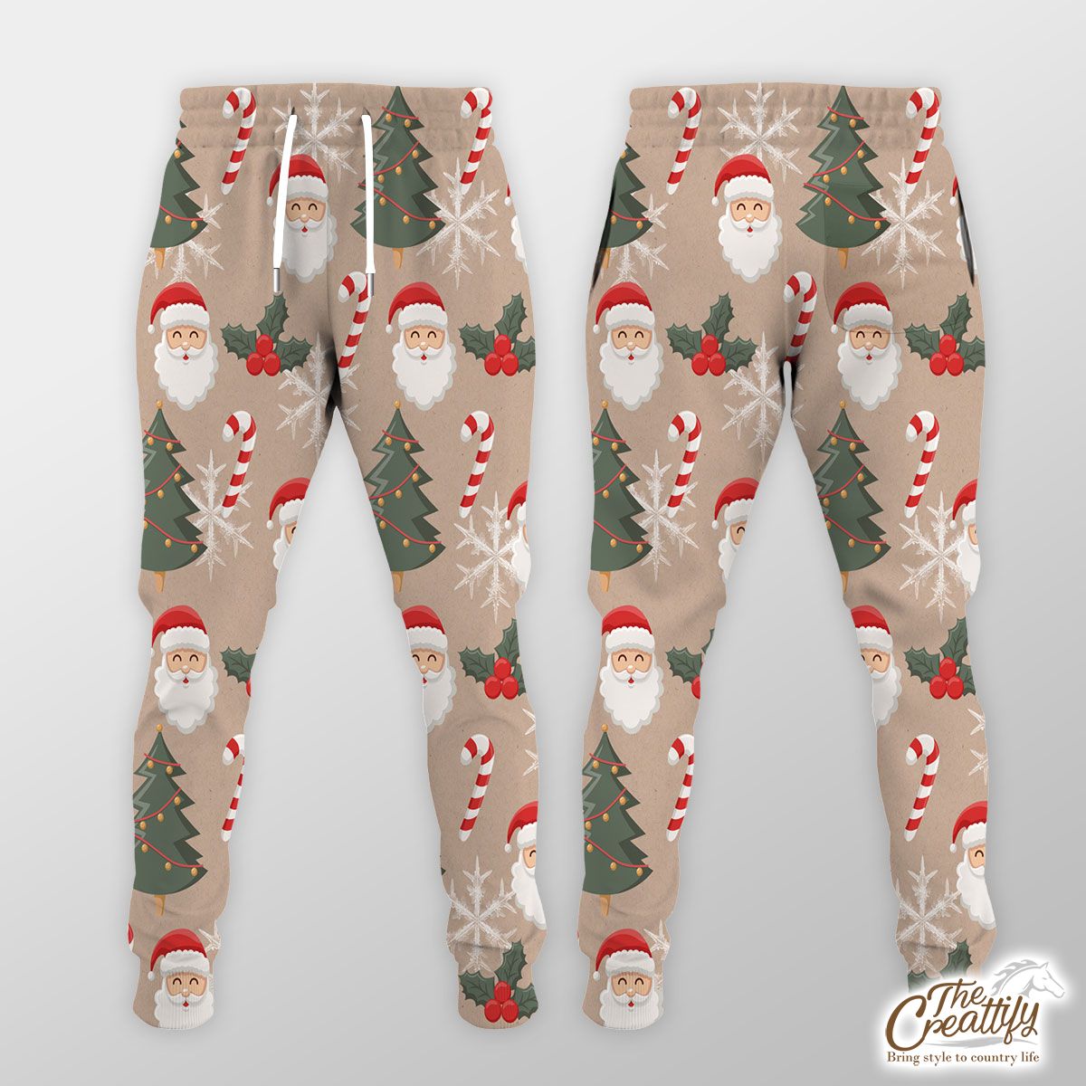 Santa Clause, Christmas Tree, Candy Cane, Holly Leaf On Snowflake Background Jogger Pant