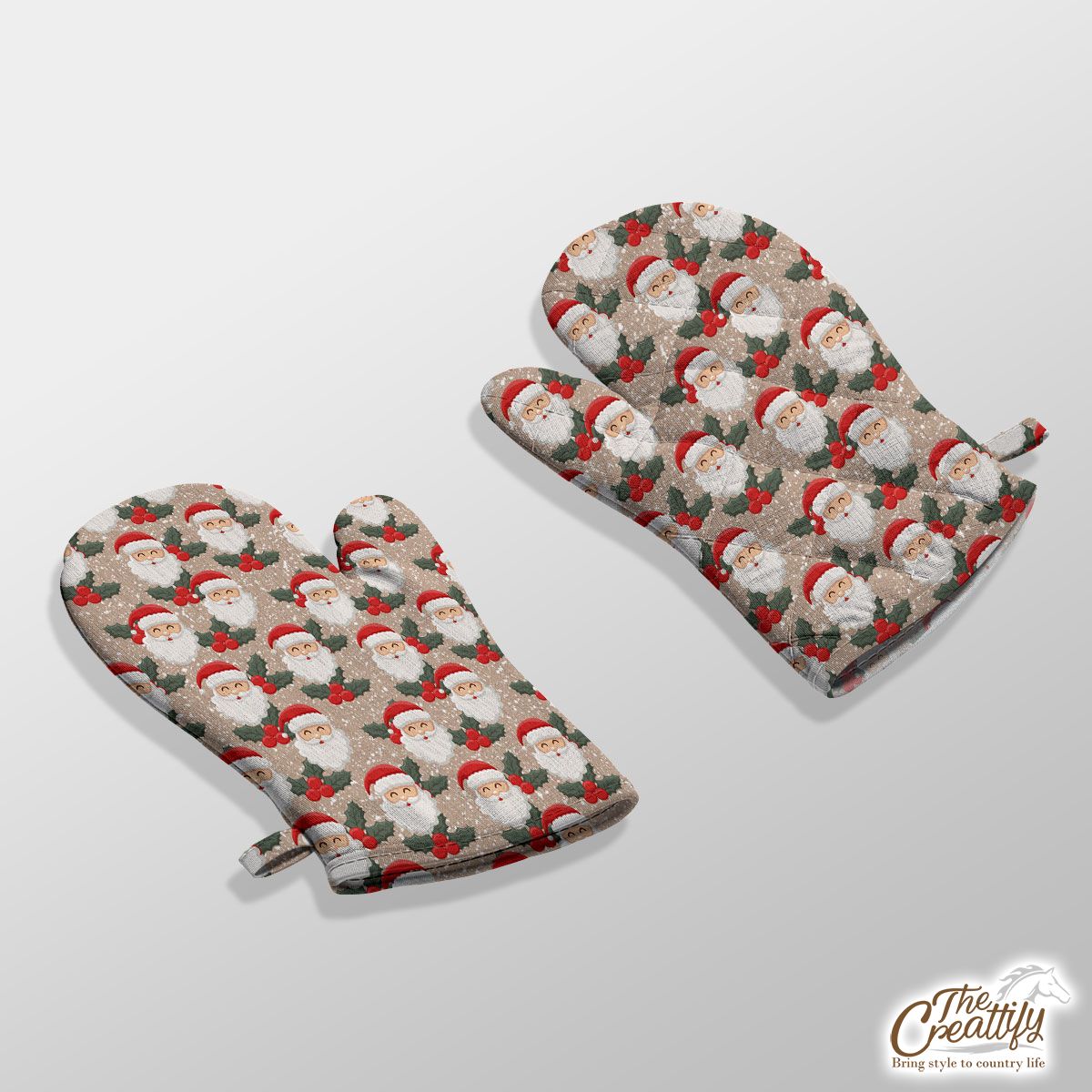 Santa Clause And Holly Leaf On Snowflake Background Kitchen Gloves