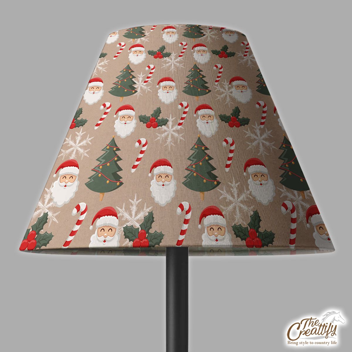 Santa Clause, Christmas Tree, Candy Cane, Holly Leaf On Snowflake Background Lamp Cover