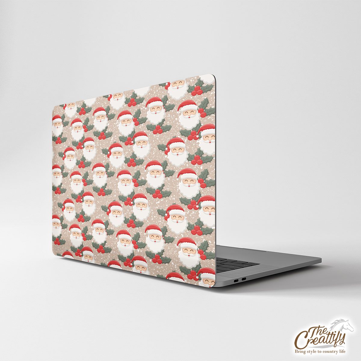 Santa Clause And Holly Leaf On Snowflake Background Laptop Skin