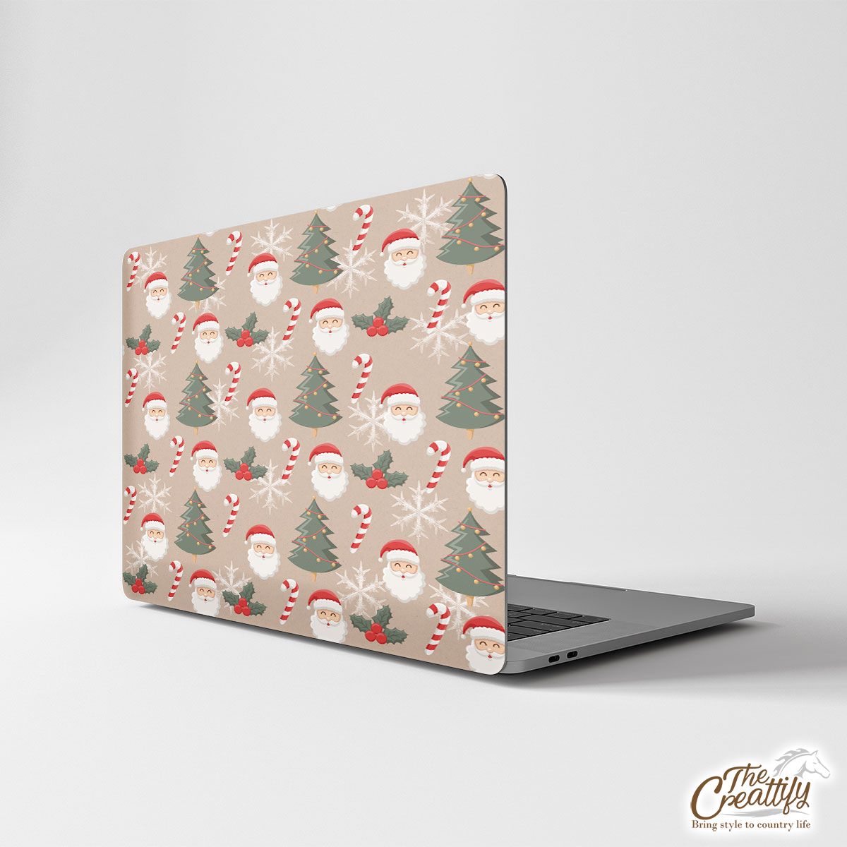 Santa Clause, Christmas Tree, Candy Cane, Holly Leaf On Snowflake Background Laptop Skin