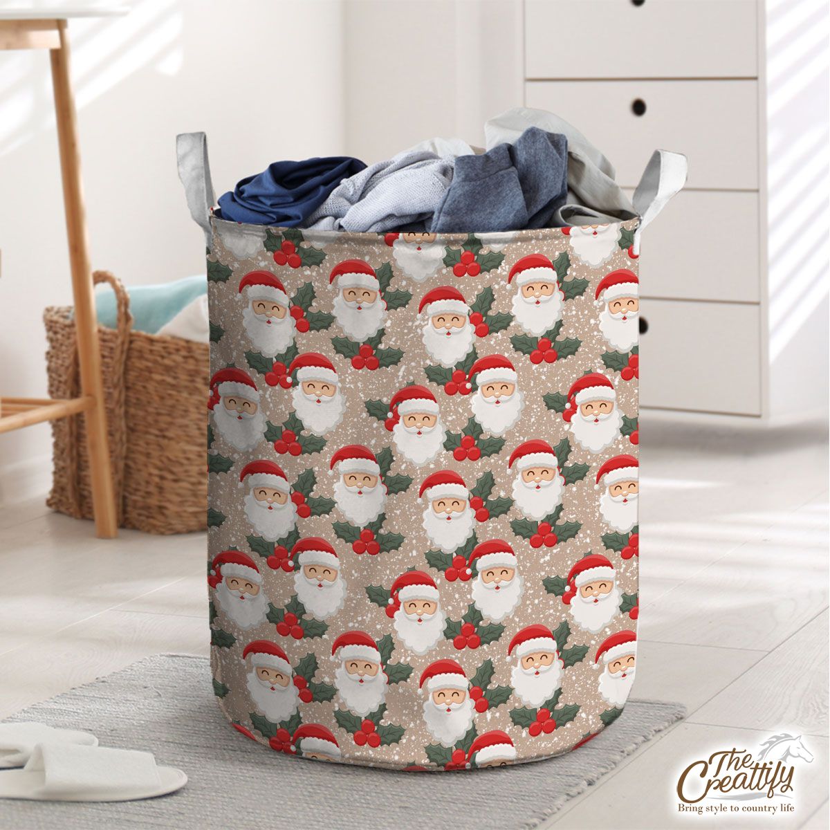 Santa Clause And Holly Leaf On Snowflake Background Laundry Basket