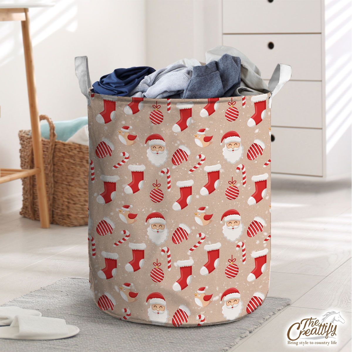 Santa Clause, Christmas Socks, Christmas Ball On Snowflake Background Laundry Basket