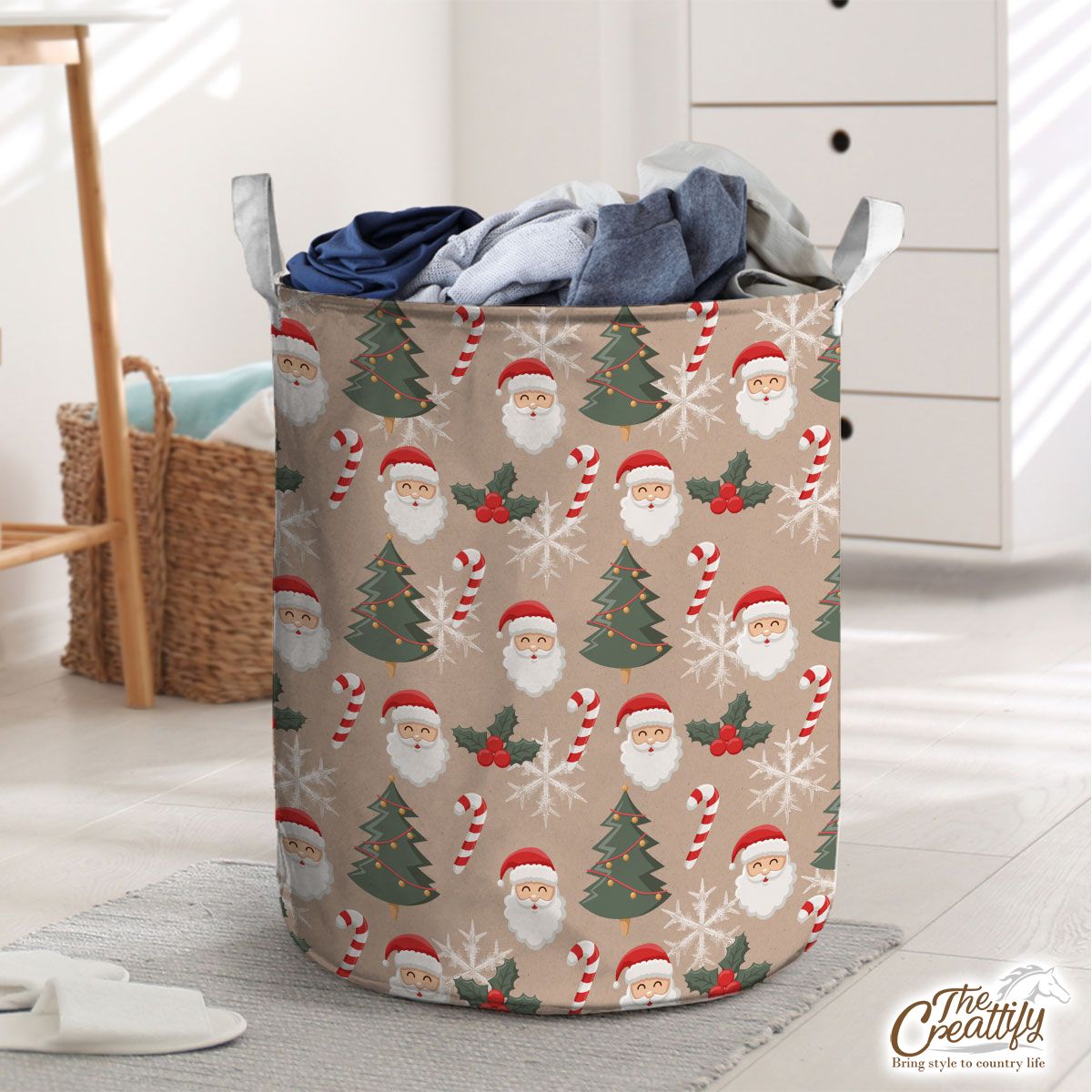 Santa Clause, Christmas Tree, Candy Cane, Holly Leaf On Snowflake Background Laundry Basket