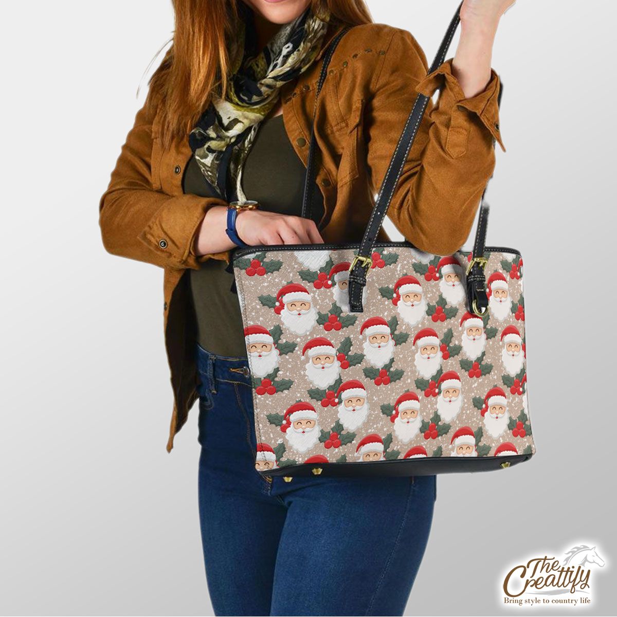 Santa Clause And Holly Leaf On Snowflake Background Leather Tote Bag