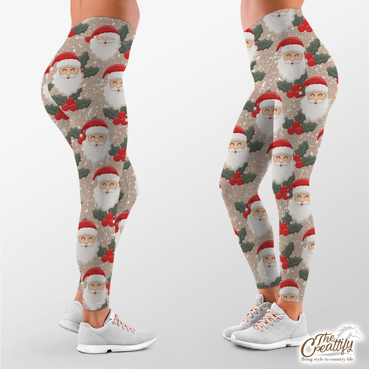 Santa Clause And Holly Leaf On Snowflake Background Legging