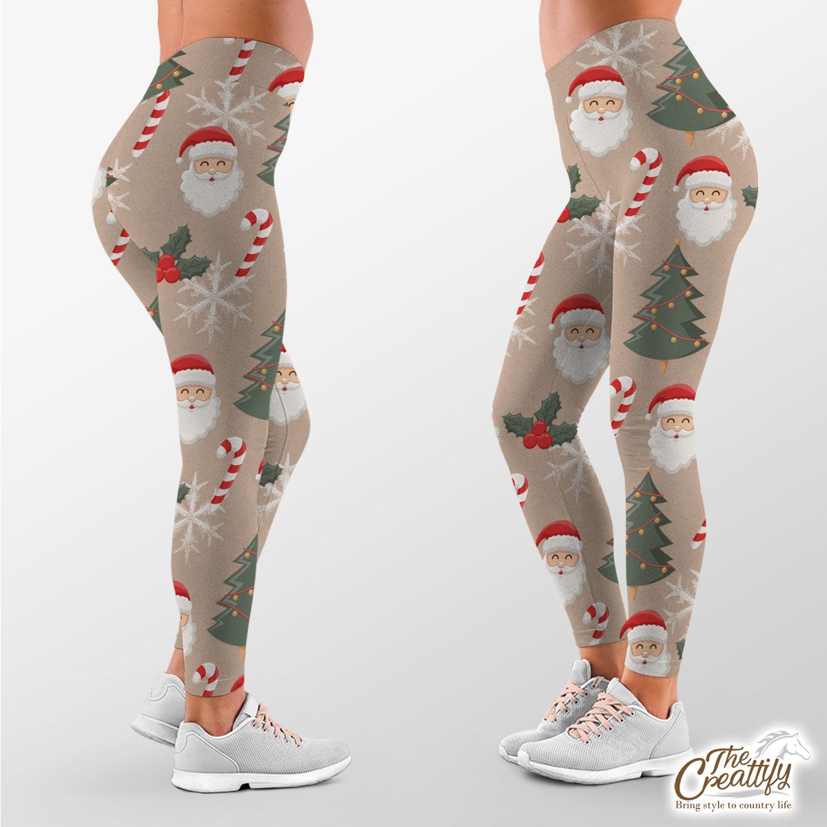 Santa Clause, Christmas Tree, Candy Cane, Holly Leaf On Snowflake Background Legging
