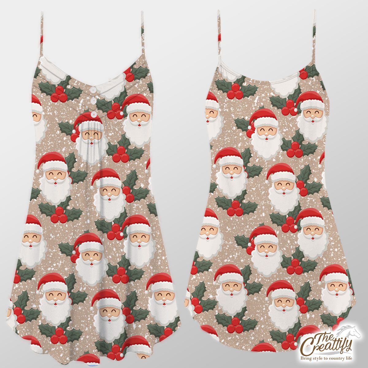 Santa Clause And Holly Leaf On Snowflake Background Suspender Dress