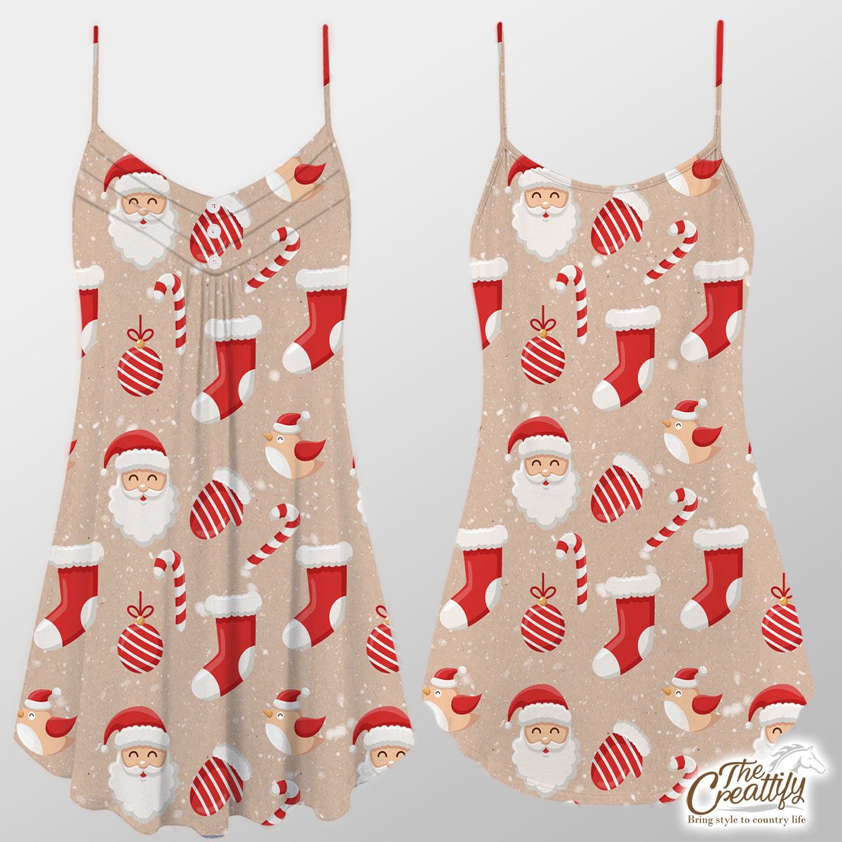 Santa Clause, Christmas Socks, Christmas Ball On Snowflake Background Suspender Dress