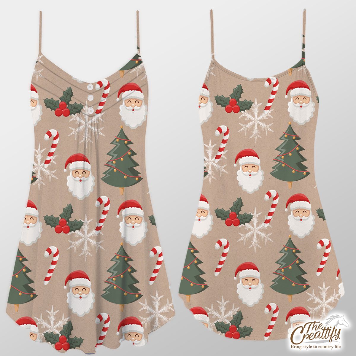 Santa Clause, Christmas Tree, Candy Cane, Holly Leaf On Snowflake Background Suspender Dress