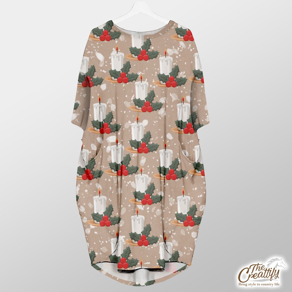 Christmas Candle With Holly Leaf On Snowflake Background Pocket Dress