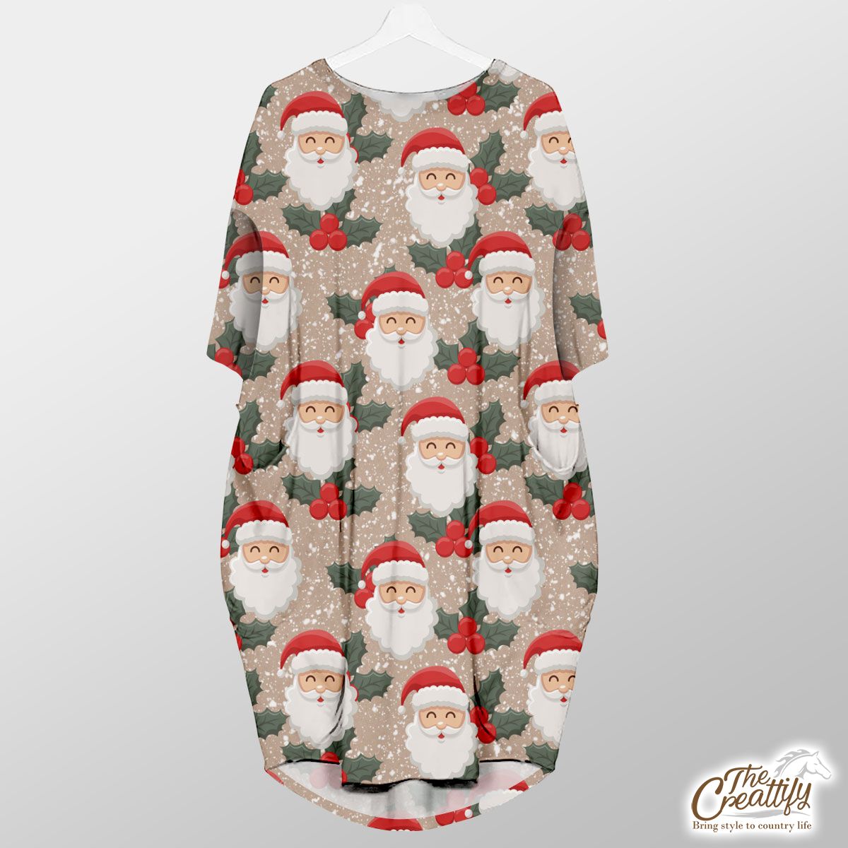 Santa Clause And Holly Leaf On Snowflake Background Pocket Dress