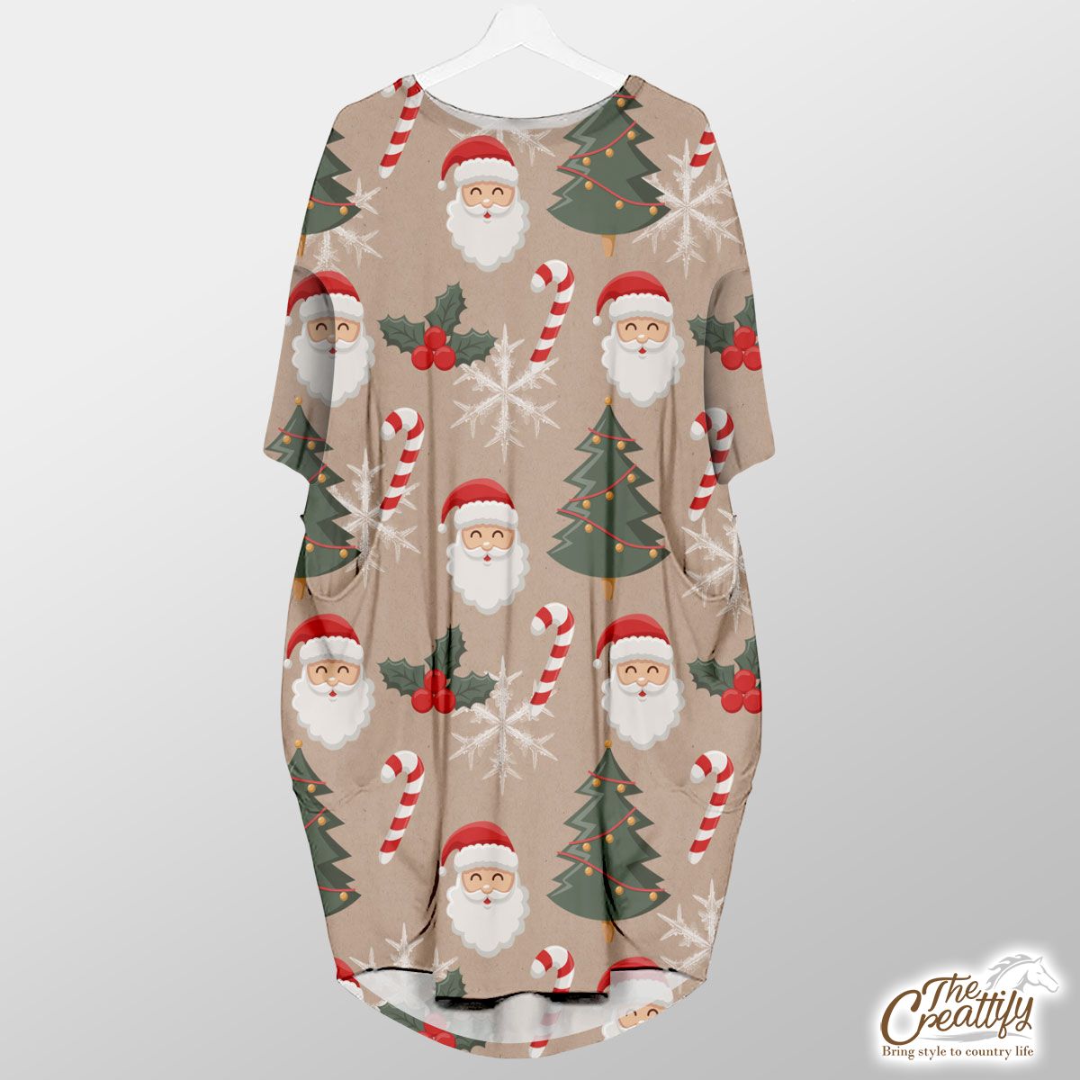 Santa Clause, Christmas Tree, Candy Cane, Holly Leaf On Snowflake Background Pocket Dress