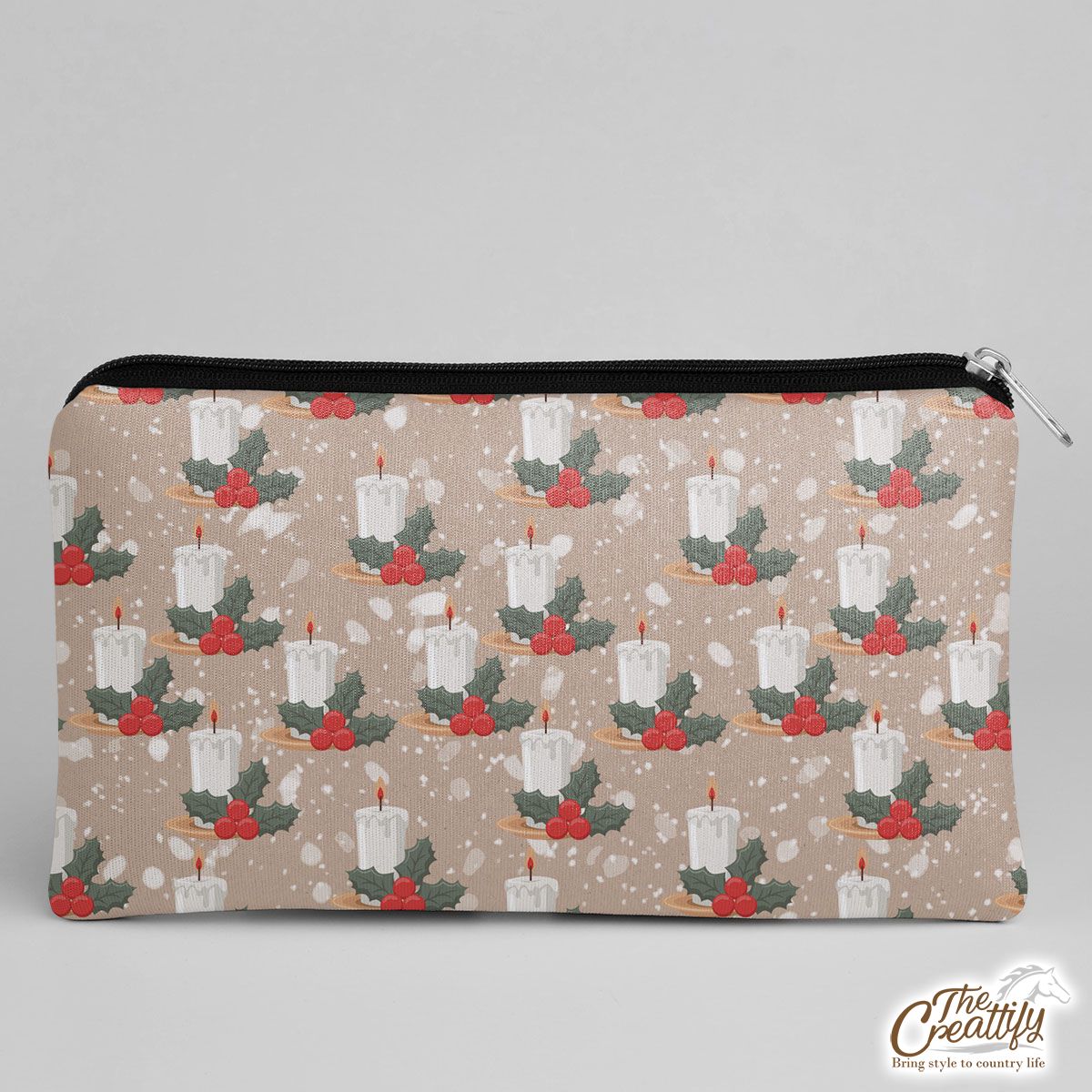 Christmas Candle With Holly Leaf On Snowflake Background Makeup Bag