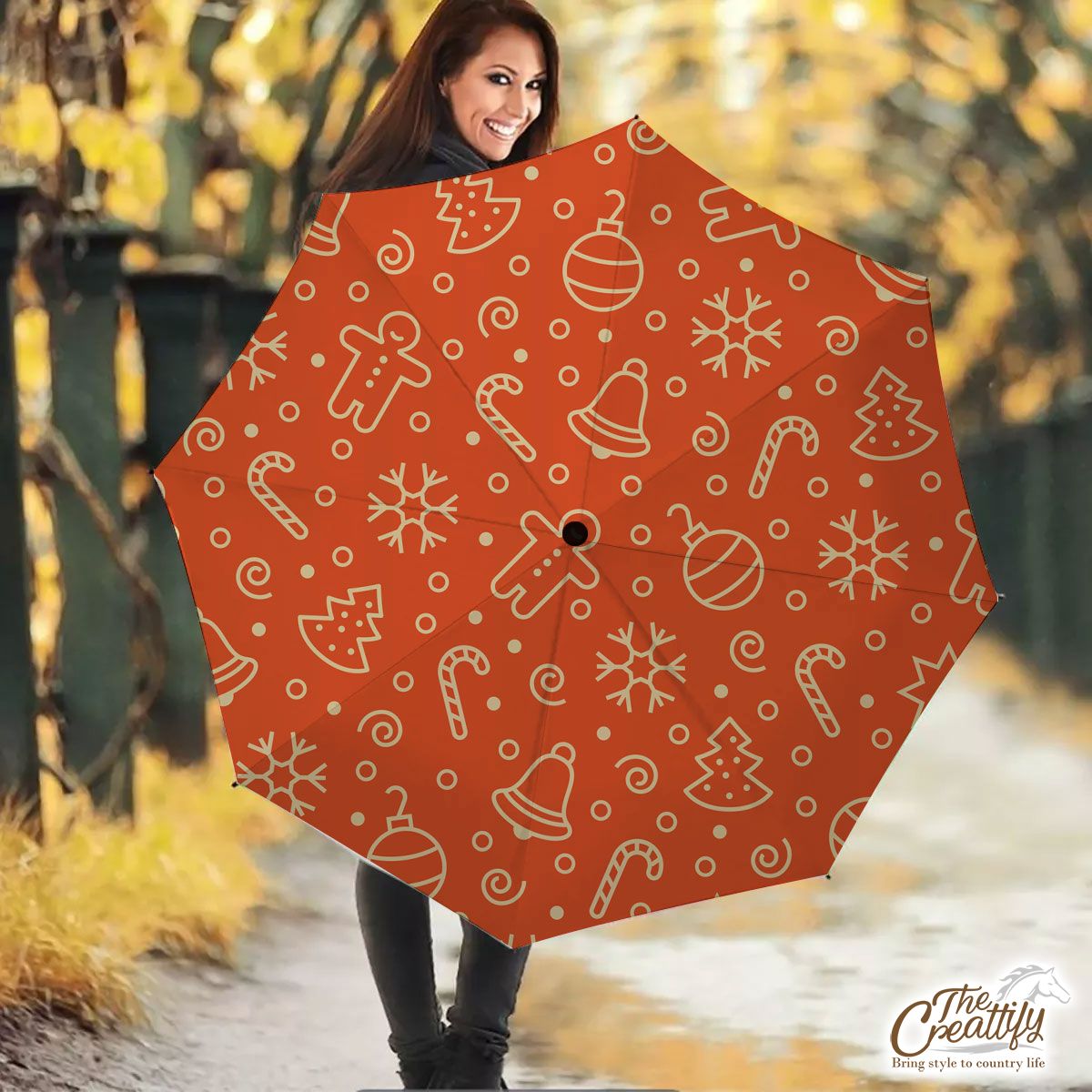 Christmas Bell, Christmas Ball, Christmas Tree, Snowflake On Orange Background Umbrella