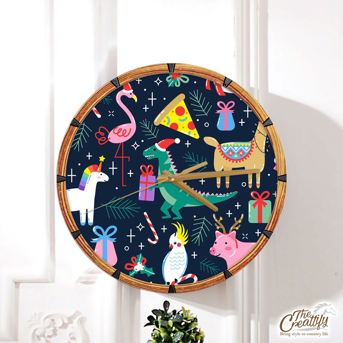 Christmas Tree Branch, Christmas Gift With Cute Animal Wall Clock