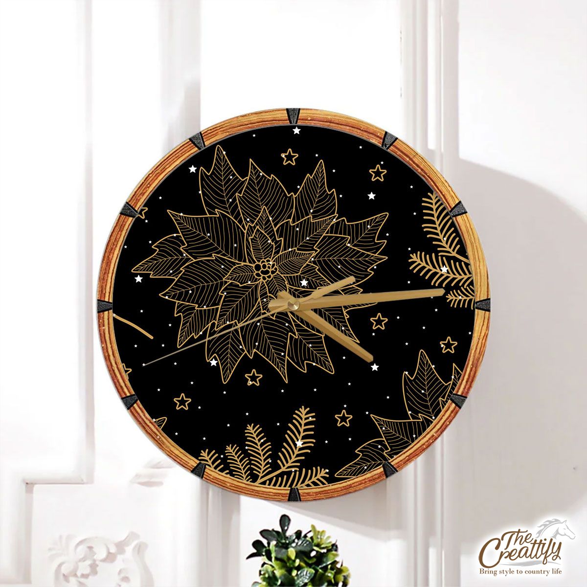 Gold And Black Christmas Tree Branch Wall Clock