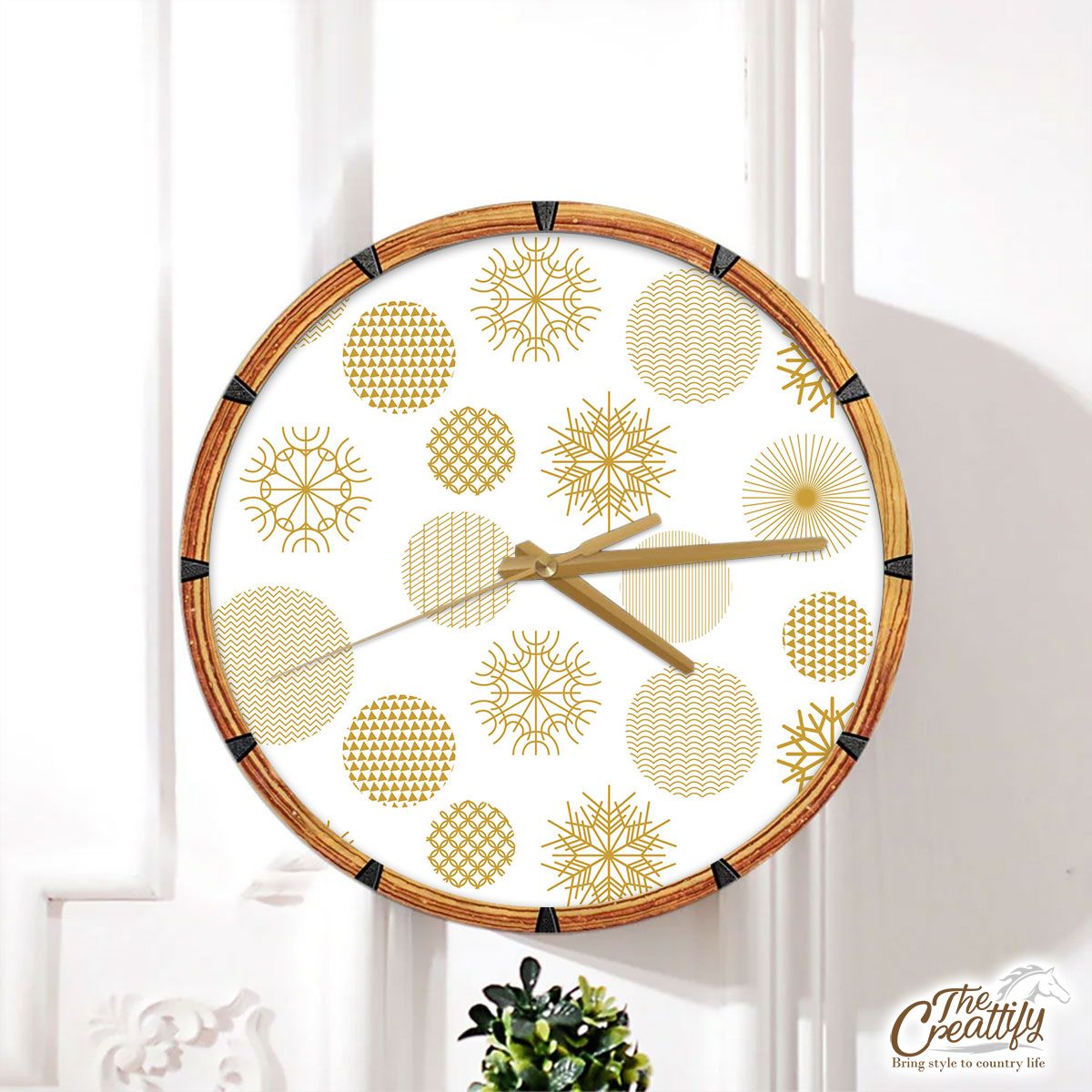 Gold And White Snowflake Wall Clock
