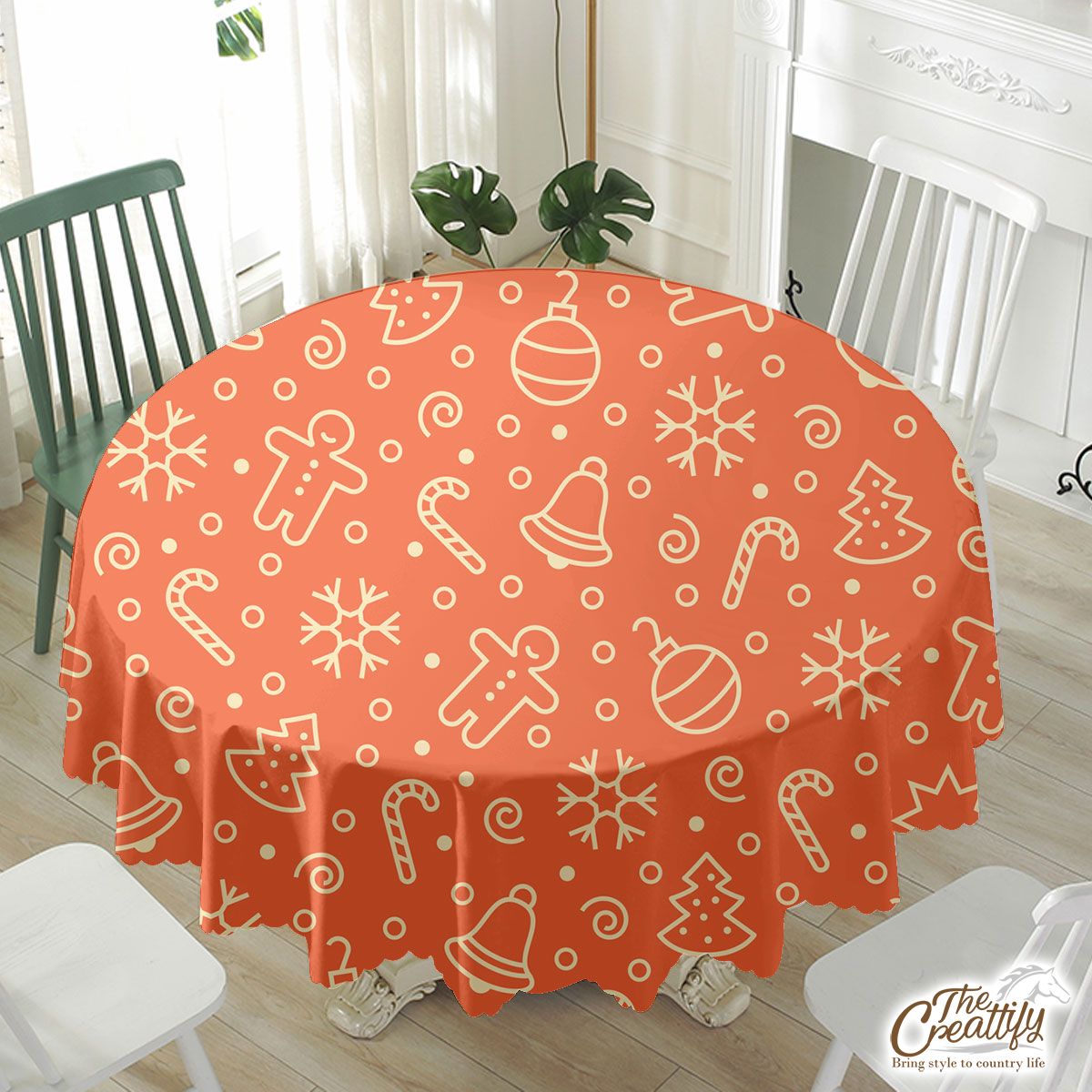 Christmas Bell, Christmas Ball, Christmas Tree, Snowflake On Orange Background Waterproof Tablecloth