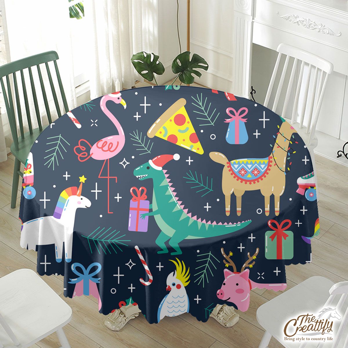 Christmas Tree Branch, Christmas Gift With Cute Animal Waterproof Tablecloth