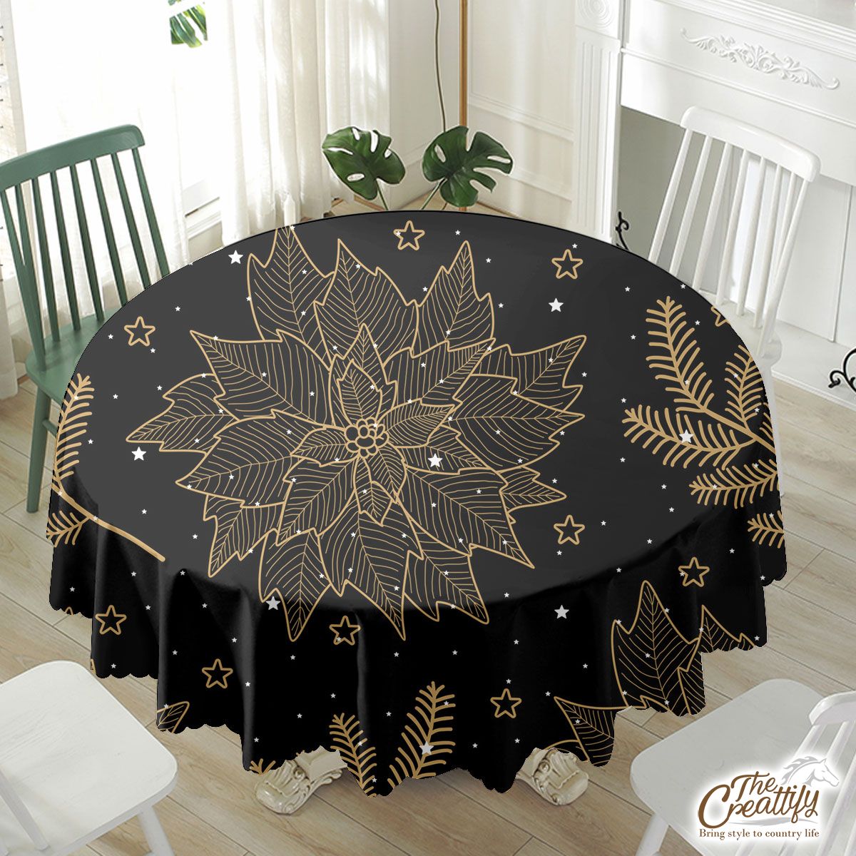 Gold And Black Christmas Tree Branch Waterproof Tablecloth
