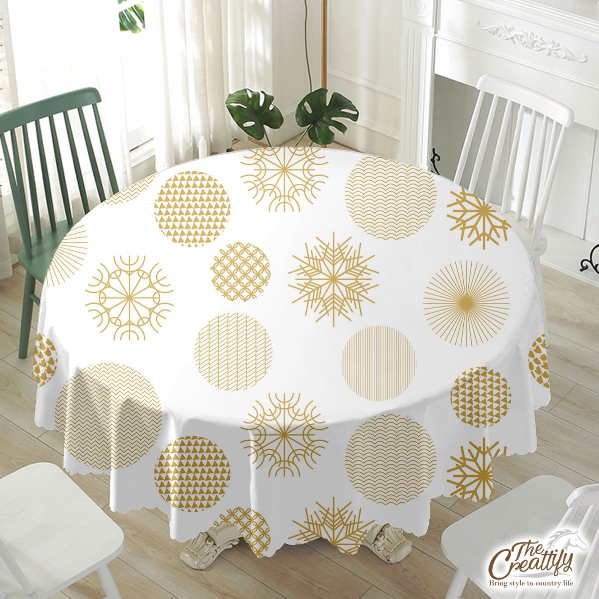 Gold And White Snowflake Waterproof Tablecloth