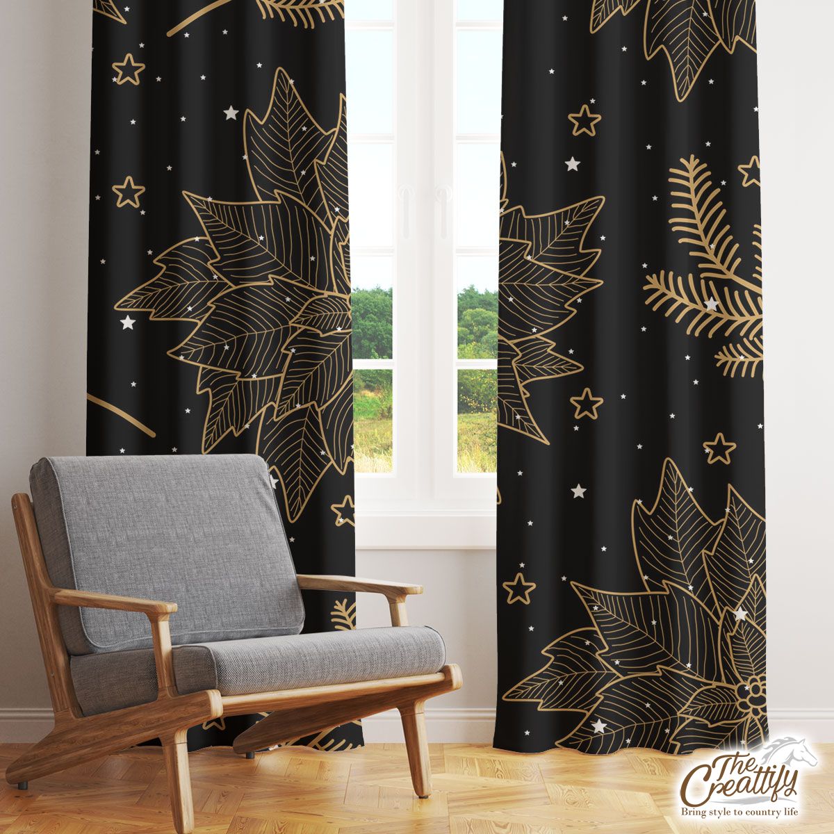 Gold And Black Christmas Tree Branch Window Curtain