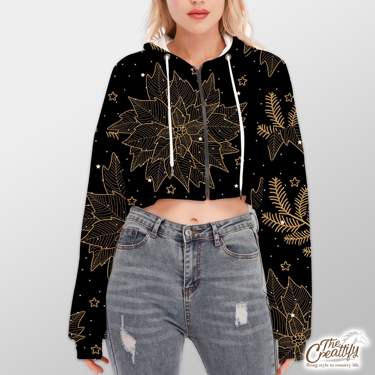 Gold And Black Christmas Tree Branch Hoodie With Zipper Closure