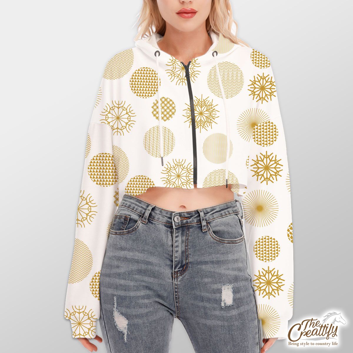 Gold And White Snowflake Hoodie With Zipper Closure