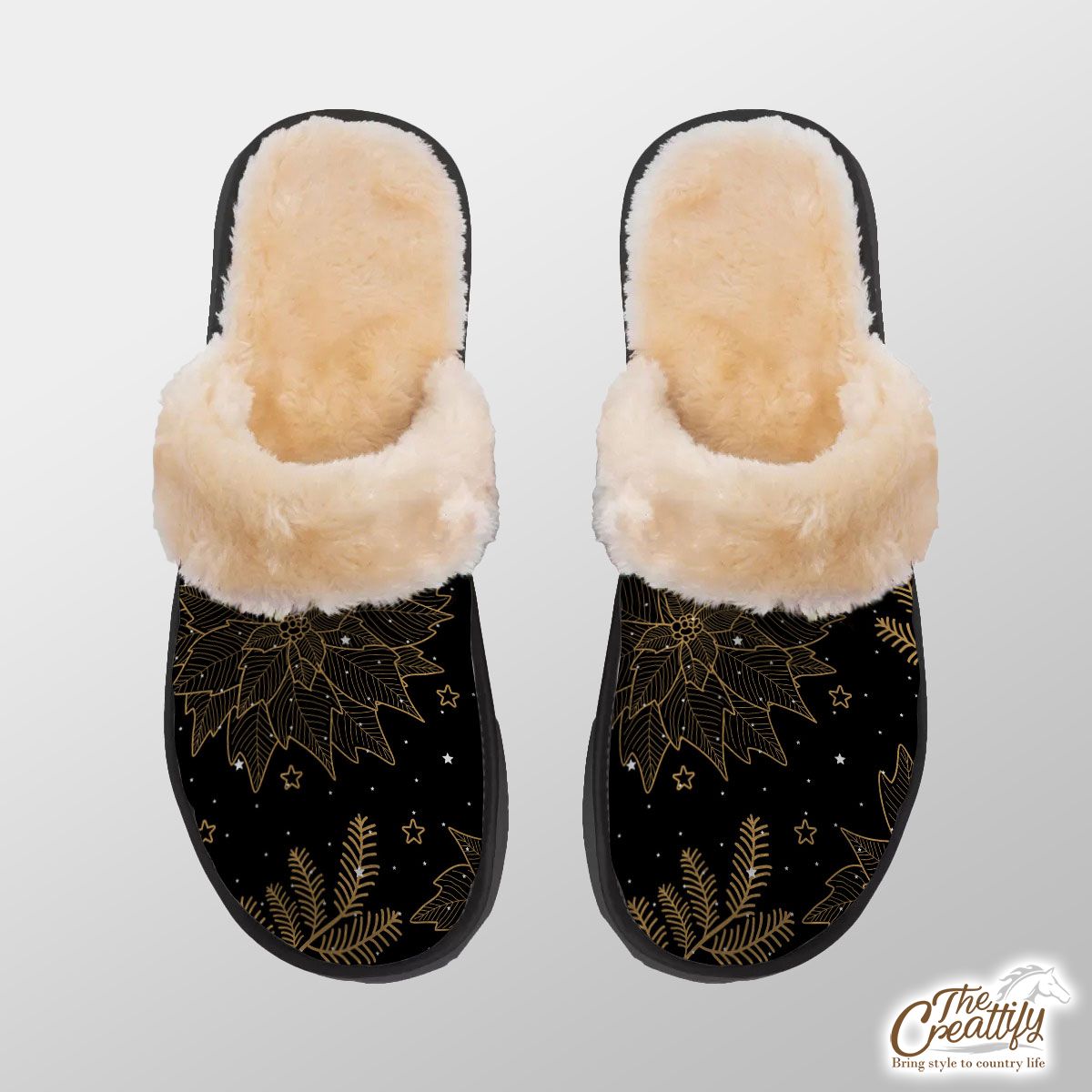 Gold And Black Christmas Tree Branch Home Plush Slippers
