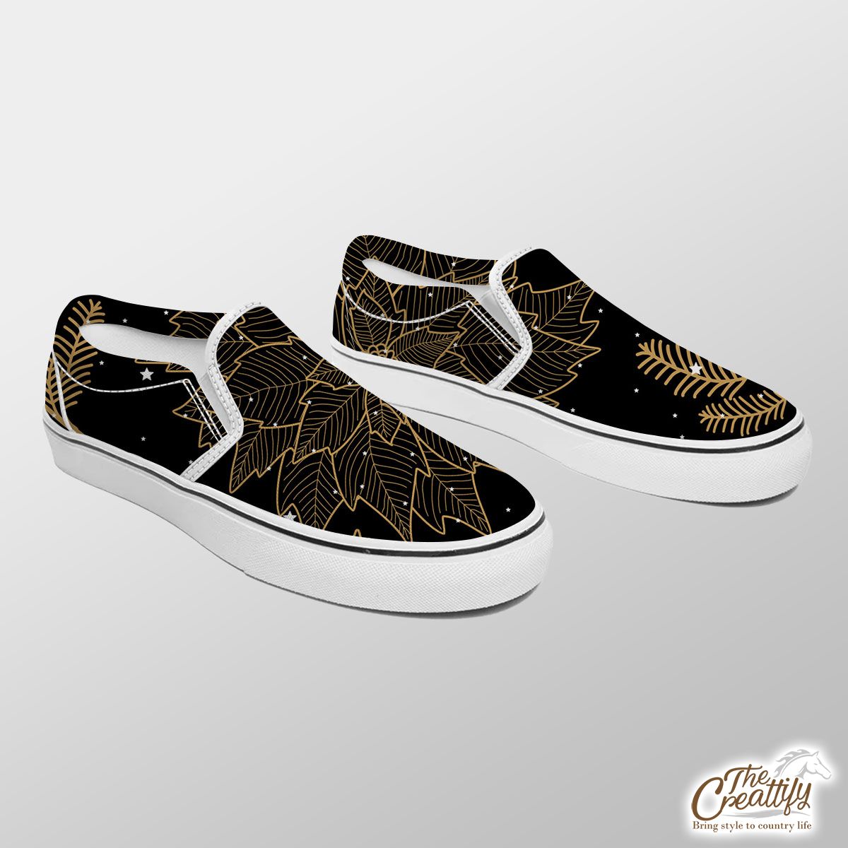 Gold And Black Christmas Tree Branch Slip On Sneakers