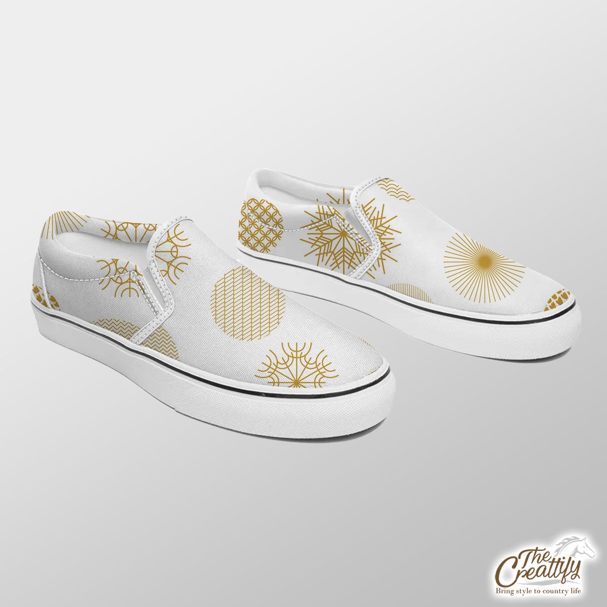 Gold And White Snowflake Slip On Sneakers
