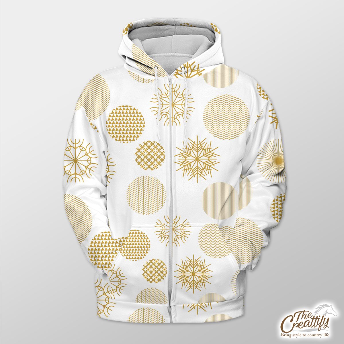 Gold And White Snowflake Zip Hoodie