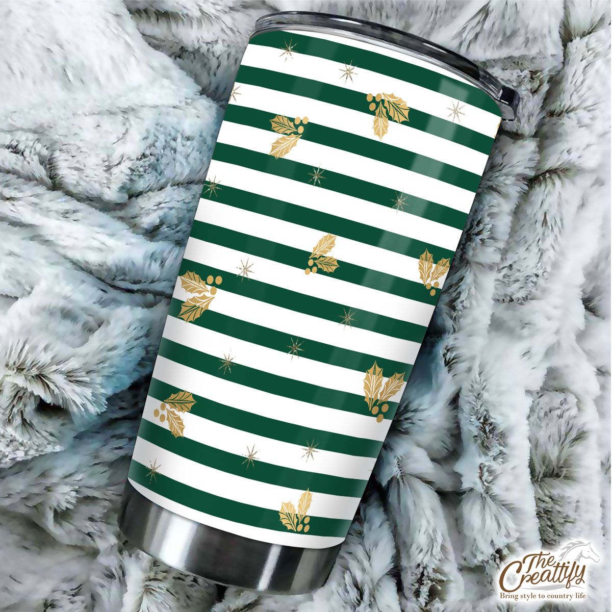 Holly Leaf On Green And White Stripe Tumbler