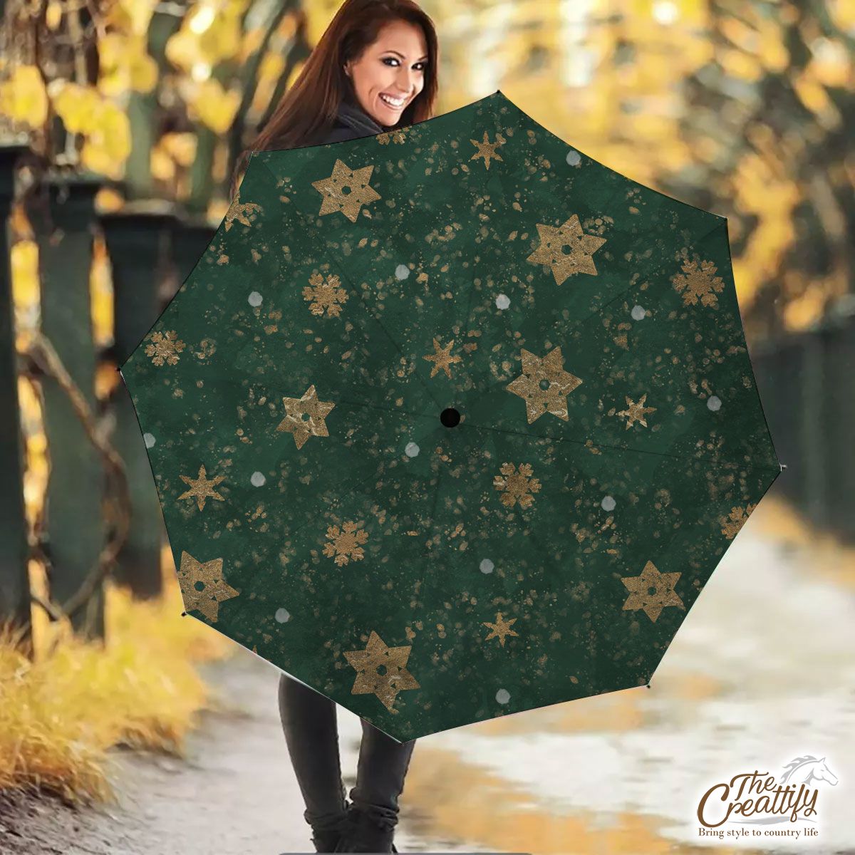 Gold Snowflake On Vintage Green Background Umbrella
