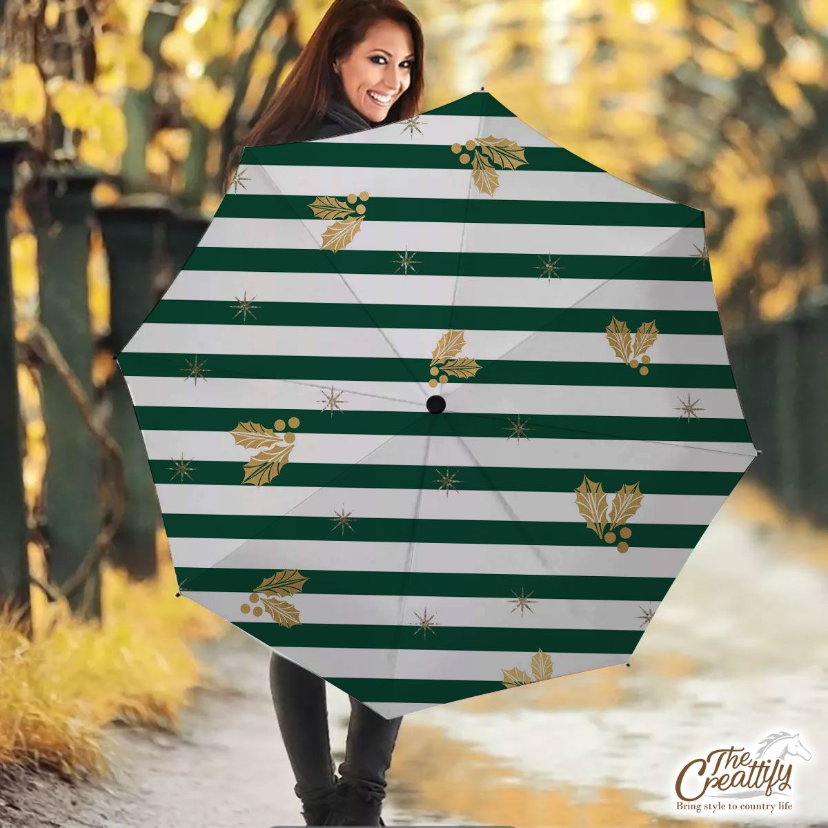 Holly Leaf On Green And White Stripe Umbrella